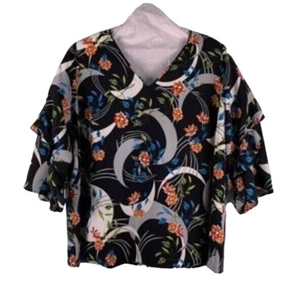 Alfani Multicolor Crescent Floral Blouse 3/4 Sleeves w/ Ruffles Size 3X - Picture 3 of 13